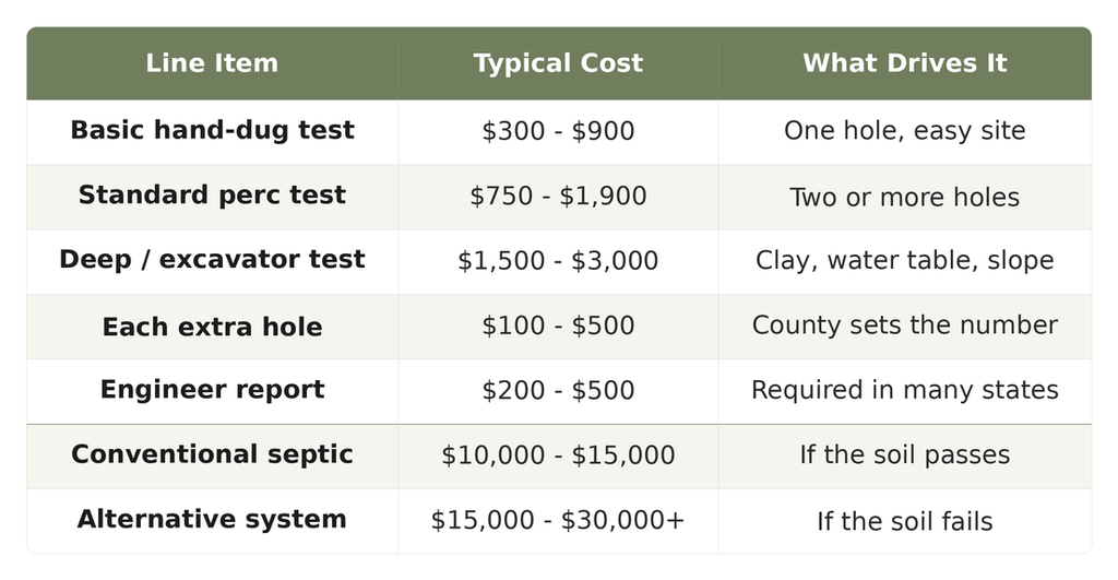 Cost table showing perc test prices and septic system costs, from a basic hand-dug test to an engineered alternative system