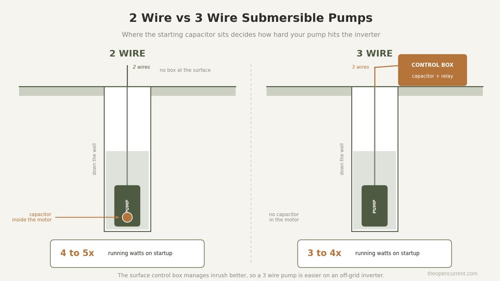 Diagram comparing 2 wire and 3 wire submersible well pumps, showing the starting capacitor inside the motor versus in a surface control box, and startup surge of 4 to 5x against 3 to 4x running watts