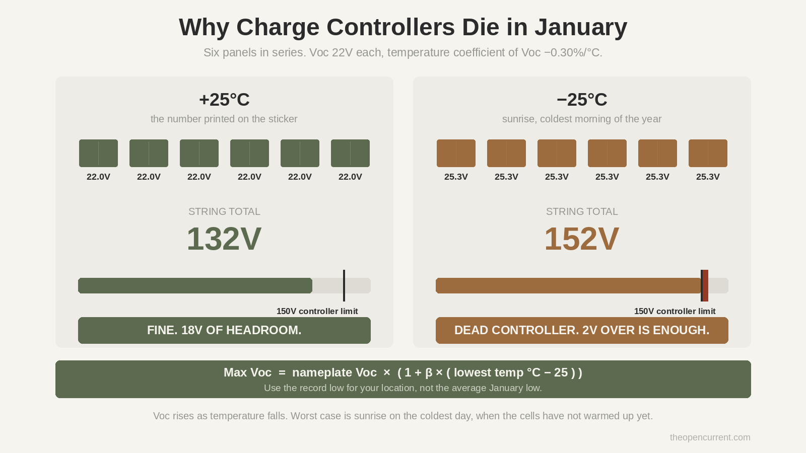 Diagram showing a six panel series string at 132V when warm and 152V at minus 25 degrees Celsius, crossing a 150V charge controller limit