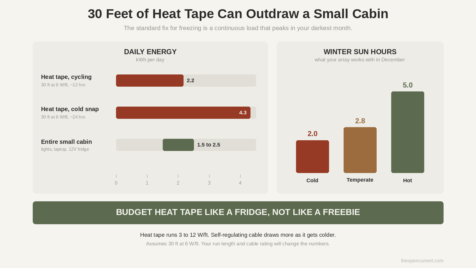 Chart comparing the daily energy of 30 feet of heat tape at 2.2 to 4.3 kWh against a small cabin's total of 1.5 to 2.5 kWh, alongside winter sun hours of 2.0, 2.8 and 5.0
