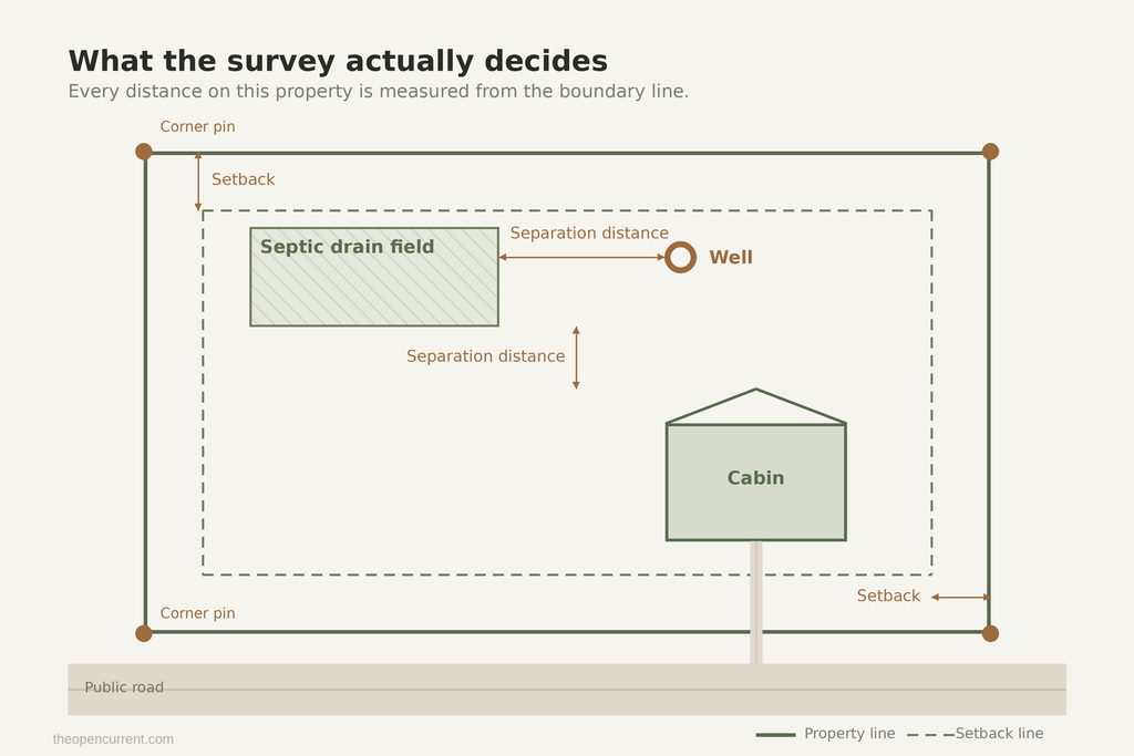 Diagram of a rural property showing corner pins, the property line, setback lines, and required separation distances between the well, septic drain field and cabin