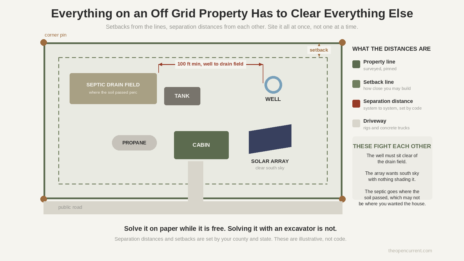 Site plan of an off grid property showing the cabin, well, septic tank and drain field, solar array, propane tank and driveway with setback lines and the separation distance between well and drain field