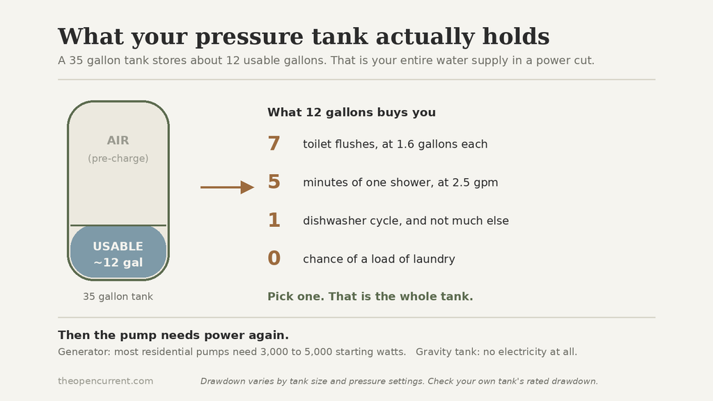 Diagram showing a 35 gallon well pressure tank holds only about 12 usable gallons, equal to 7 toilet flushes or 5 minutes of a shower