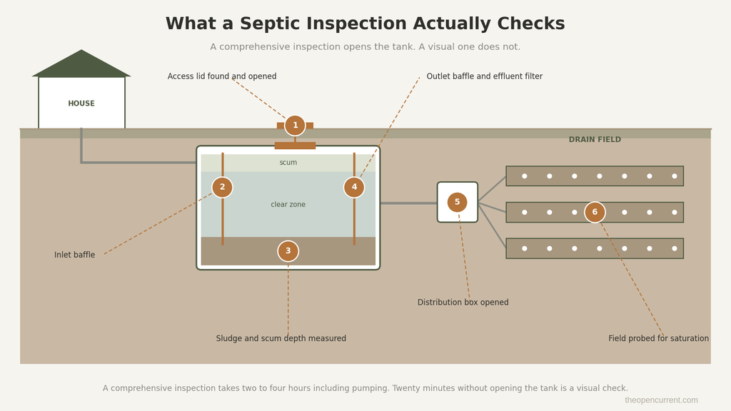 Diagram showing the six points a comprehensive septic inspection checks, from the tank access lid and baffles through sludge depth to the distribution box and drain field