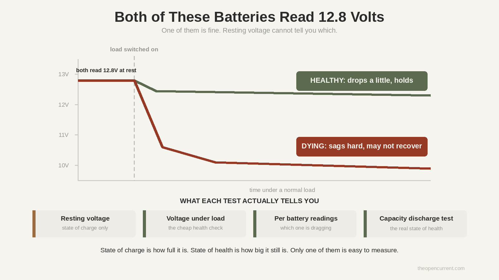 Chart showing two batteries both reading 12.8 volts at rest, where one holds steady near 12.3 volts under load while the other sags to around 10 volts
